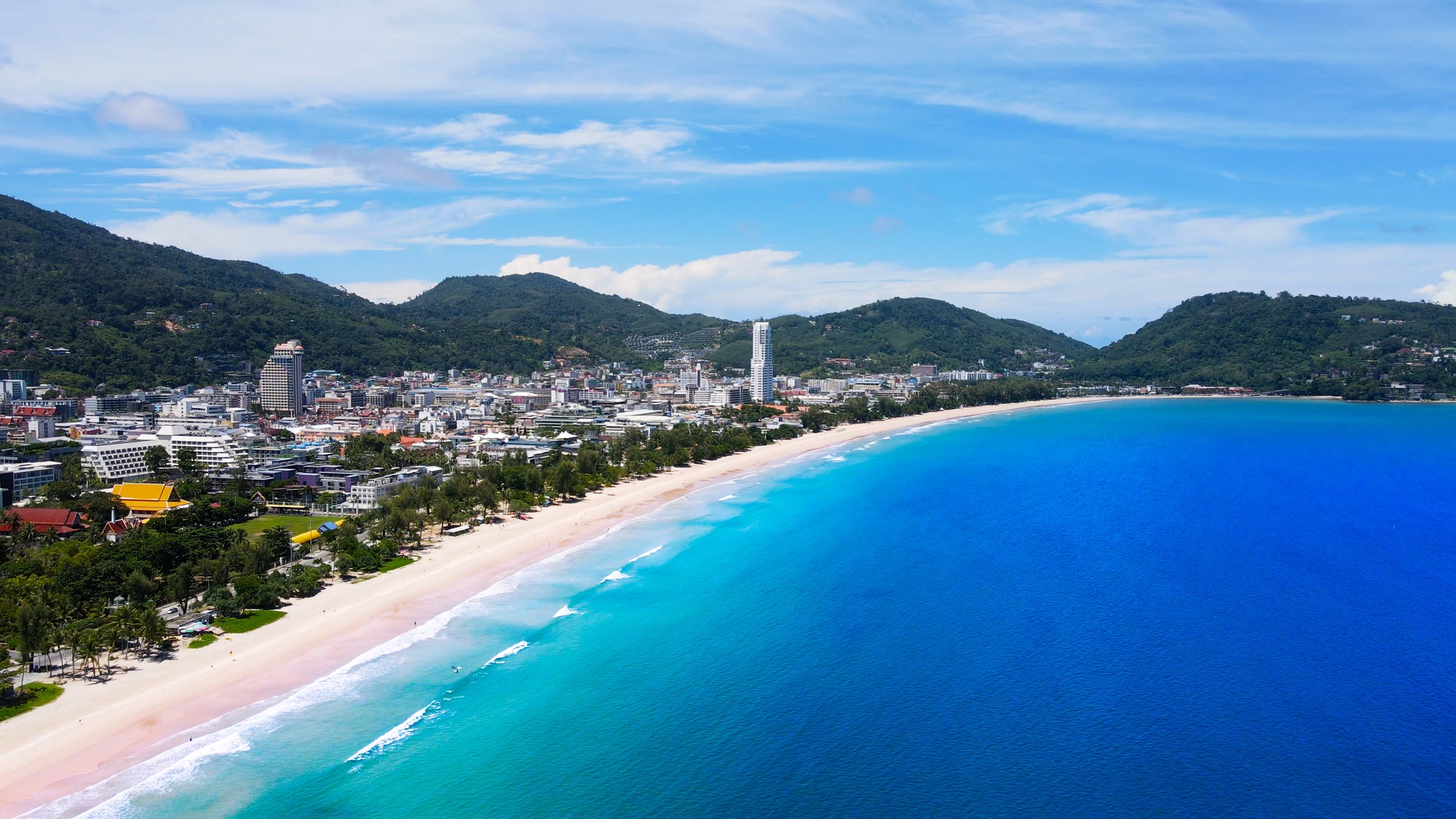 Aerial view Patong beach Phuket Thailand empty beach without tourists Aerial view Beach sand space a