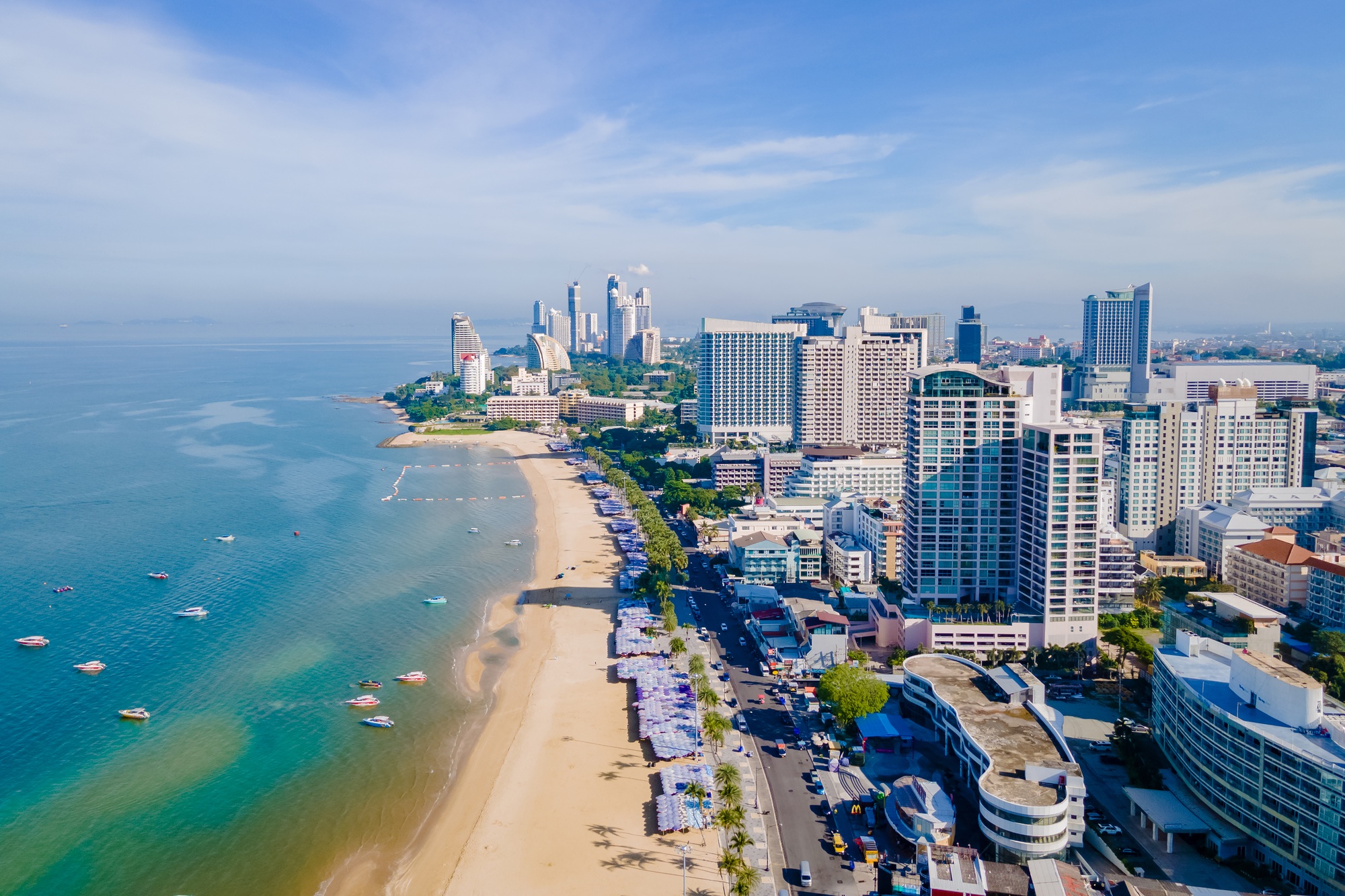 Pattaya Thailand, a view of the beach road with hotels and skycraper buildings