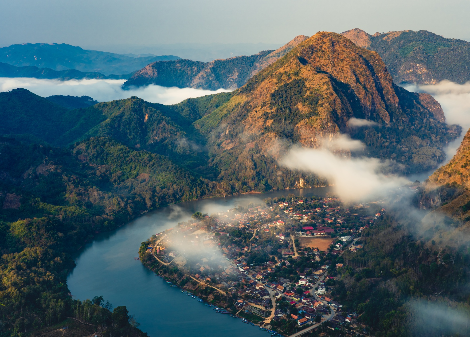 Aerial view of Nong Khiaw village at sunrise, Laotian, Luang Prabang, Laos