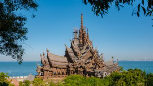 The Sanctuary of Truth wooden temple in Pattaya Thailand, sculpture of Sanctuary of Truth temple