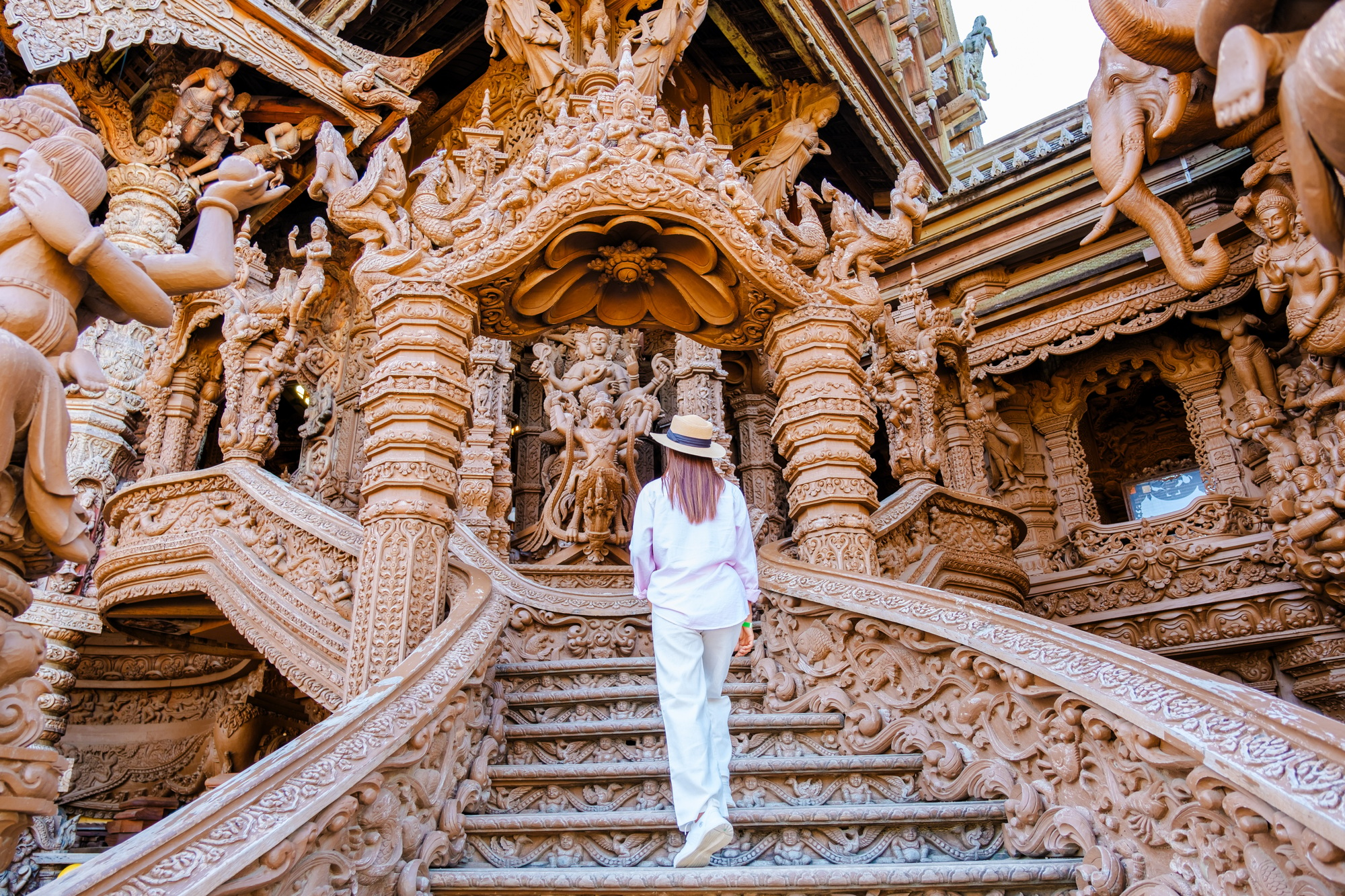 The Sanctuary of Truth wooden temple in Pattaya Thailand, sculpture of Sanctuary of Truth temple