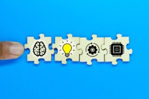 wooden puzzle with brain icons and their functions. The concept of innovation